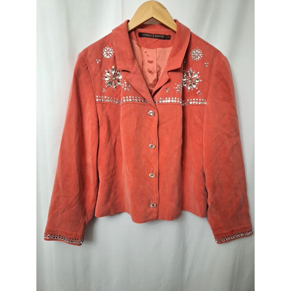Double D Ranchwear Western Jacket Womens Sz L Coral Suedee Floral Rhinestones
